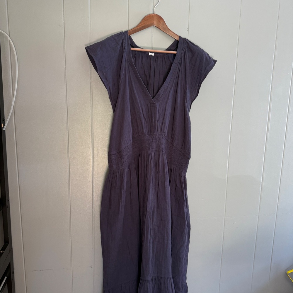 Old Navy Volcanic Glass Cotton Plunge V-Neck Gauzy Smocked Midi Dress XXL Navy